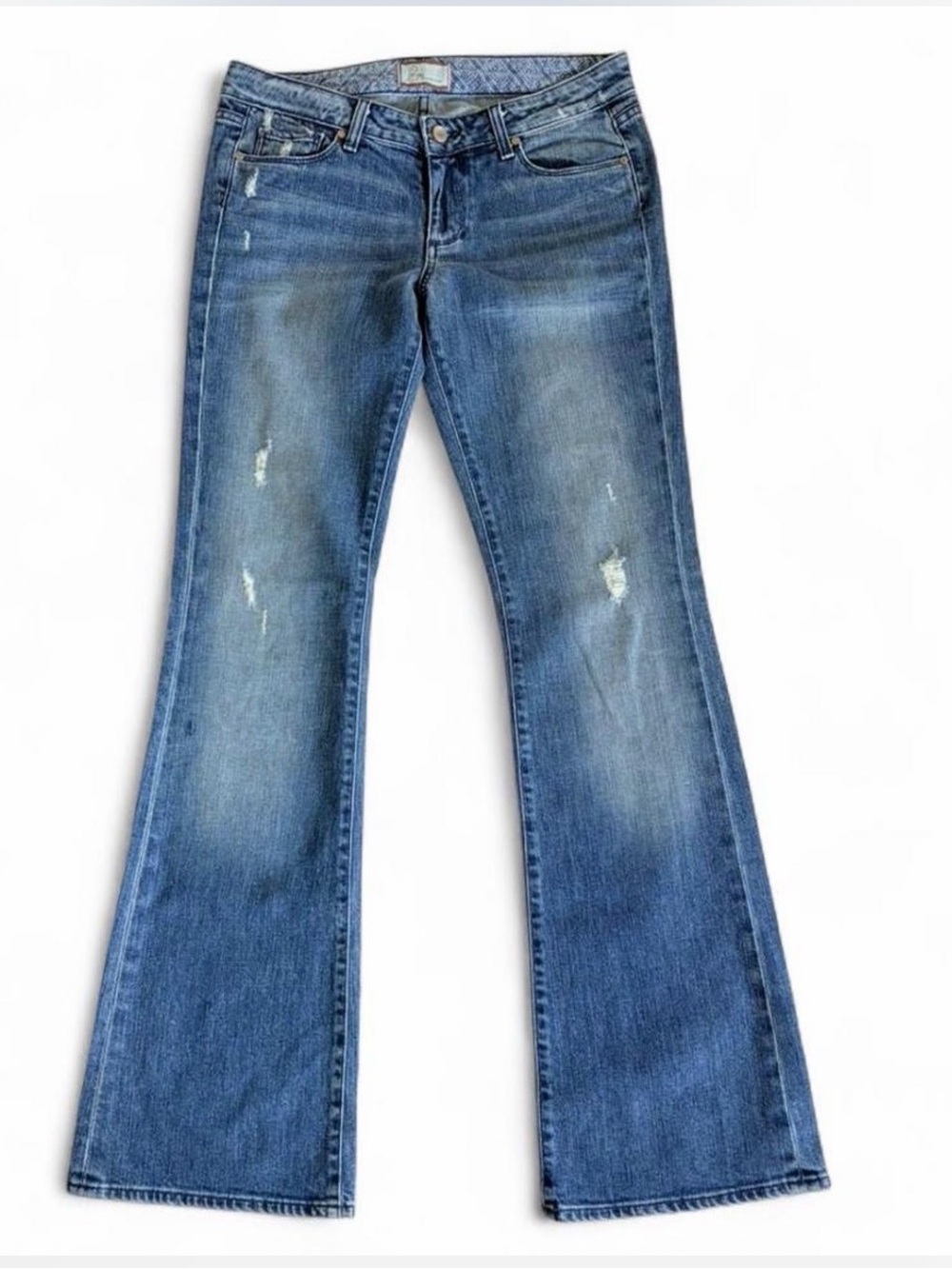 PAIGE Medium Wash Distressed Flare Jeans